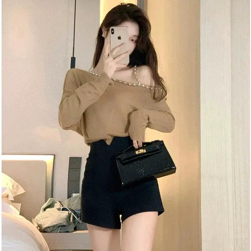 Diamond Detailing Off Shoulder Sweater Elegant Autumn Chic