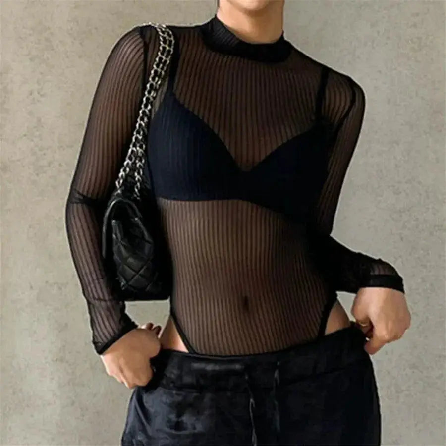 Chic Vertical Stripe Mesh T Shirt Trendsetting Autumn Style
