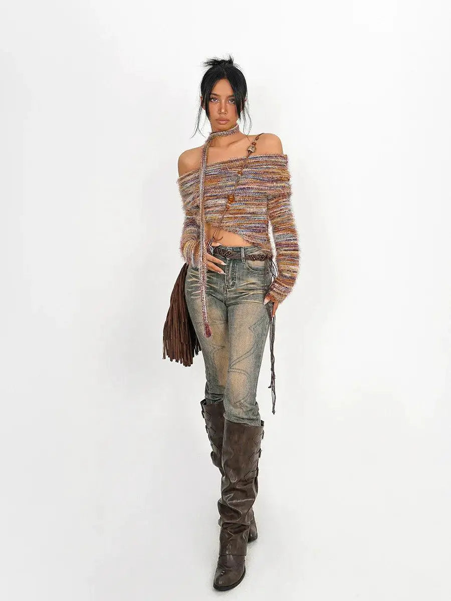 Milky Cool Retro Oil Painting Off Shoulder Sweater Autumn
