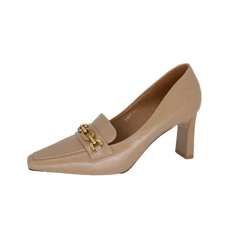 Milk Tea Chunky Heel Shoes Korean Style Square Toe Design