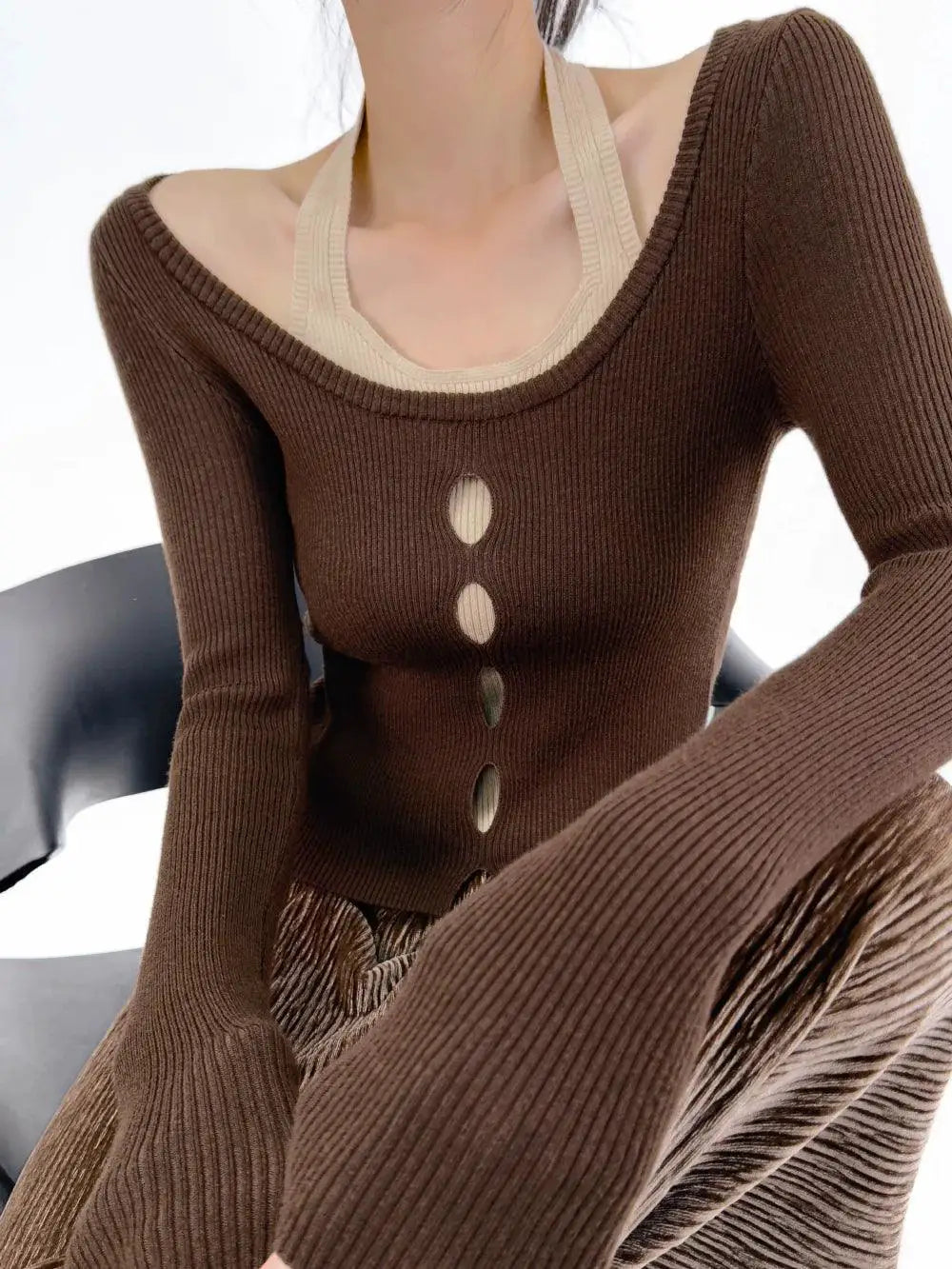 Color Contrast Halterneck Knitwear Slimming Top Patchwork