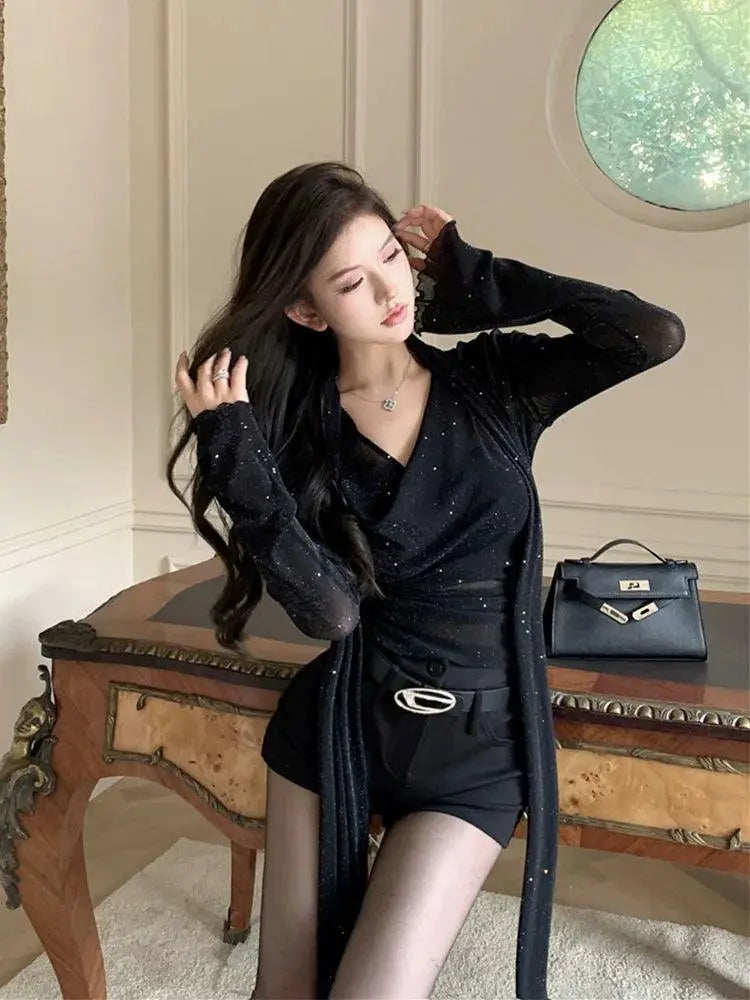 Sequined V Neck T Shirt Sparkling Glamour For Party Fashion