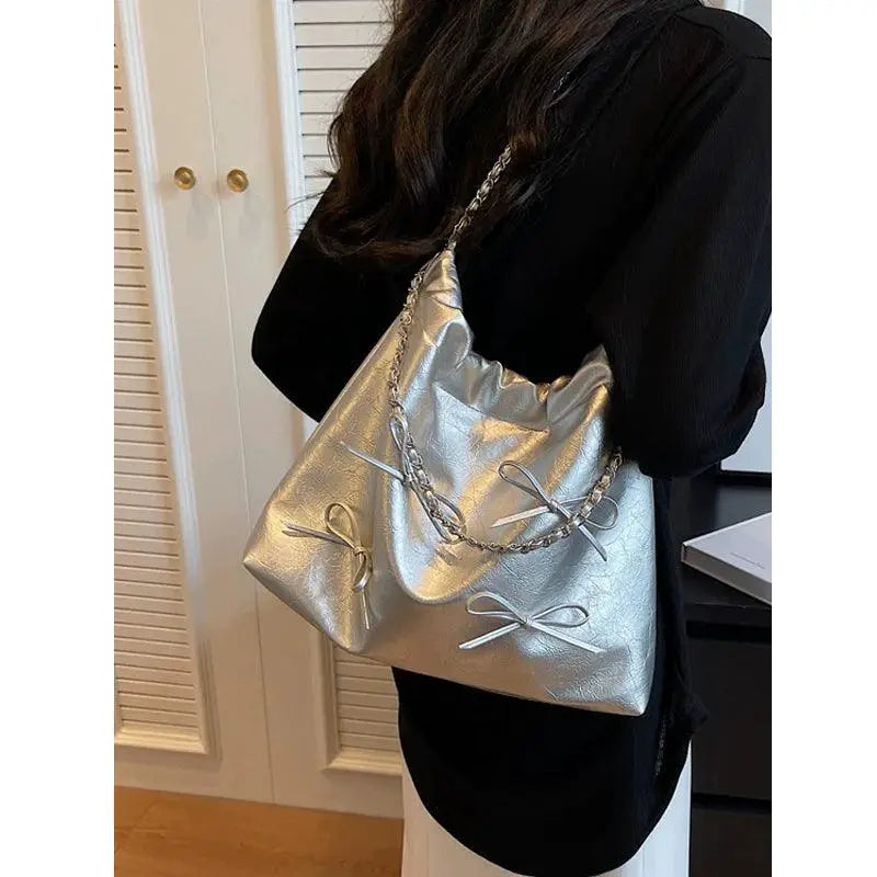 Silver Bow Tote Bag Chic PU Shoulder Bag With Bow Detail