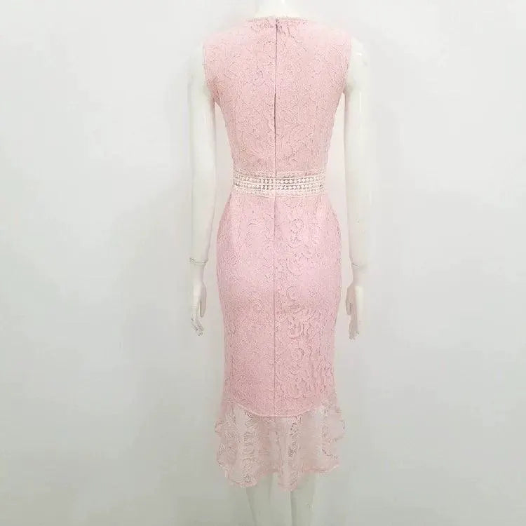 Elegant Lace Panel Bandage Dress With Hollow Out Detail