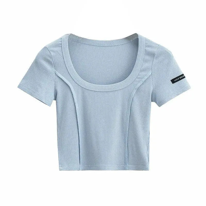 Retro Slim Tee Stylish Solid Color Short Sleeve Top