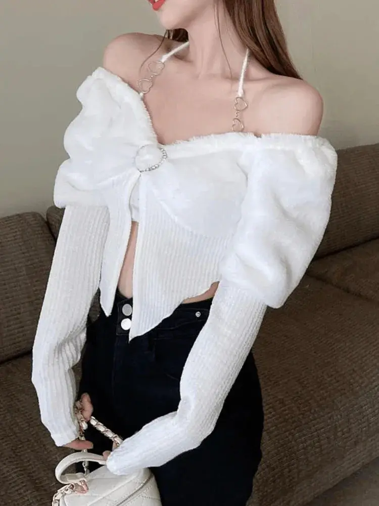 Modern Korean Style V Neck Halter Sweater Crop Top