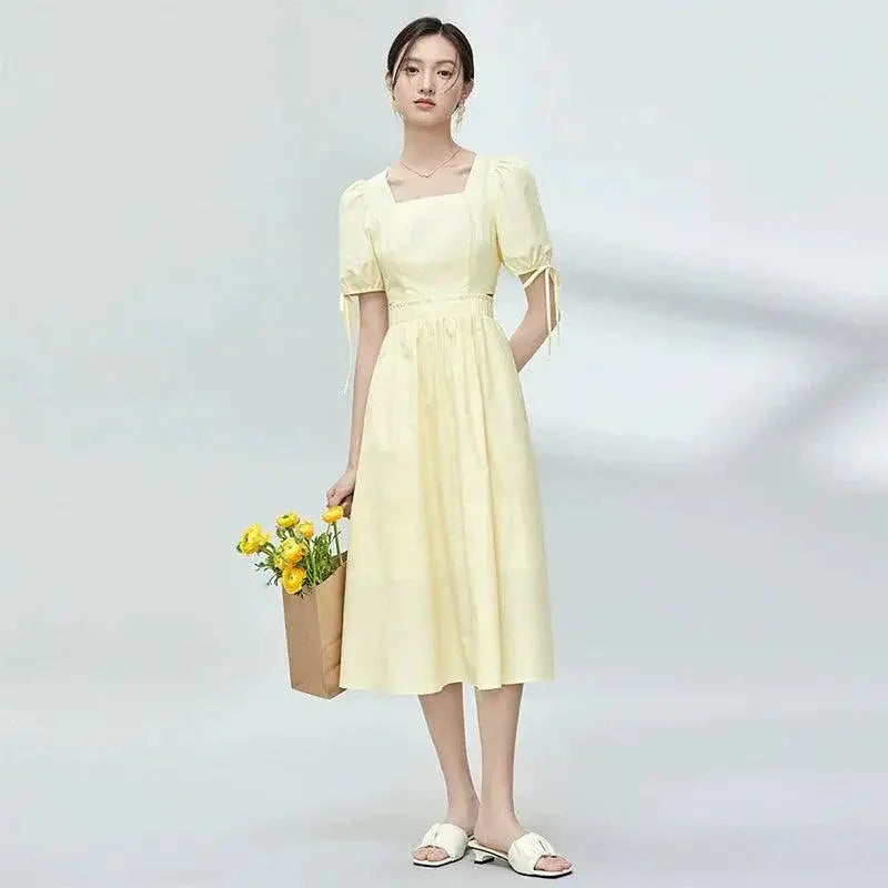 Square Collar A Line Dress Korean Chic Cotton Fashion