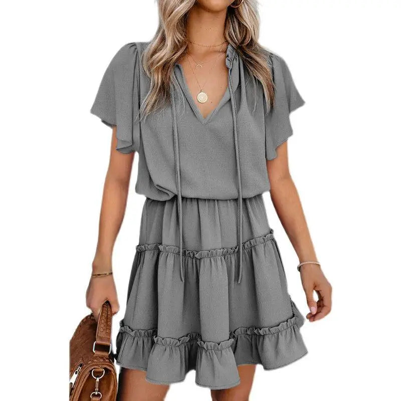 Dilamon Waist Tight Sexy V Neck Short Sleeve Dress Women