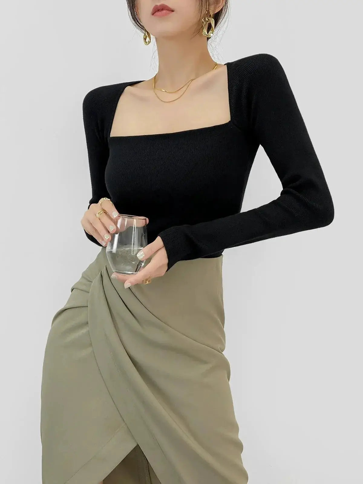 Paperman Retro Square Collar Knit Shirt Off Shoulder