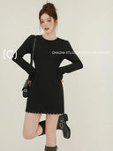Fashionable Black Long Sleeve Dress Versatile A-Line Style
