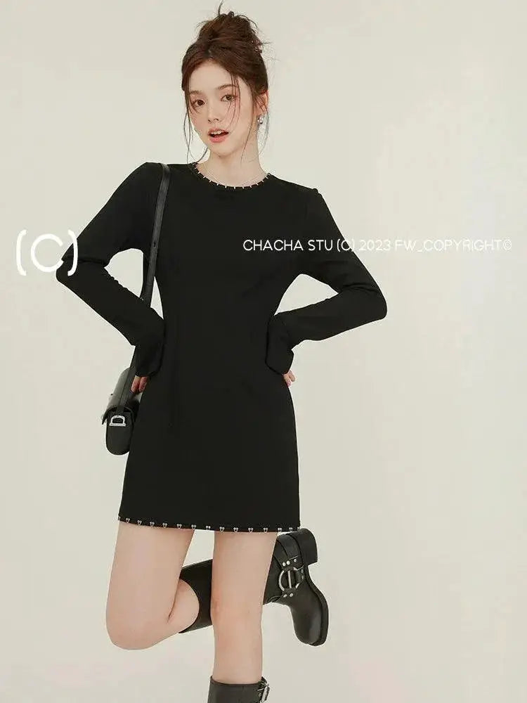 Fashionable Black Long Sleeve Versatile A Line Dress Autumn