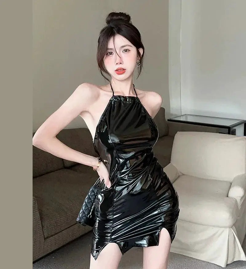 Sultry Black PU Leather Off Shoulder Dress Fashion Forward