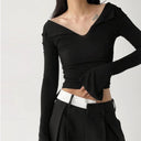 French Chic V-Neck Long Sleeve Top Streetwear Sophistication