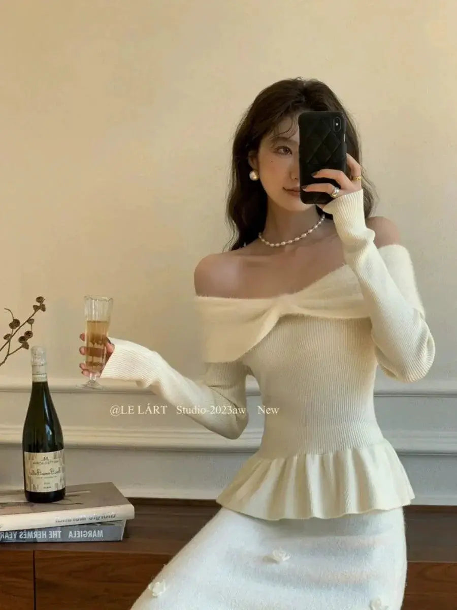 French Slim Off Shoulder Sweater Elegant Fall Style