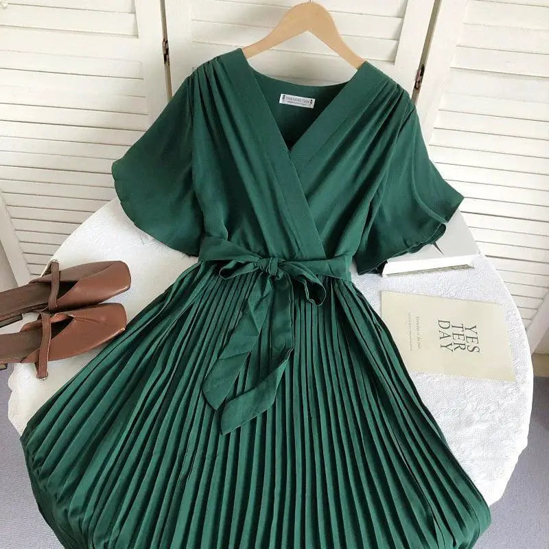 Solid Color High Waist Pleated Dress With Cross Strap