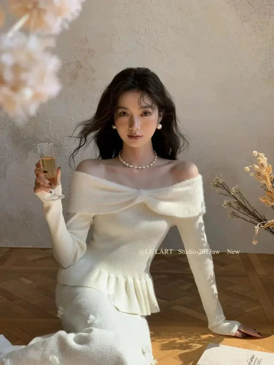 French Slim Off Shoulder Sweater Elegant Fall Style