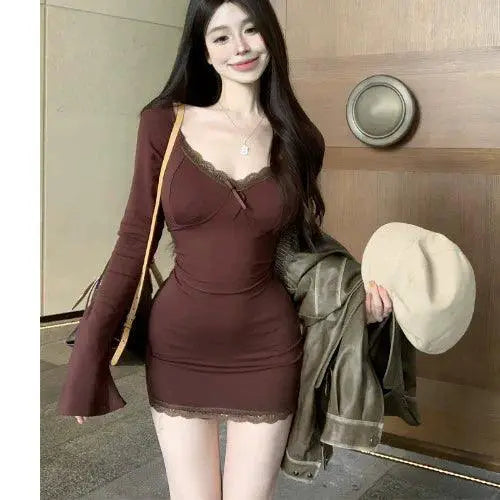 Stylish Lace Trim Long Sleeve Women's Dress For Autumn