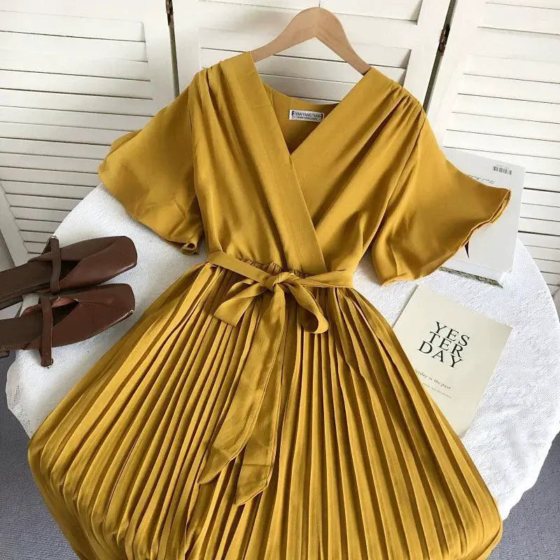 Solid Color High Waist Pleated Dress With Cross Strap