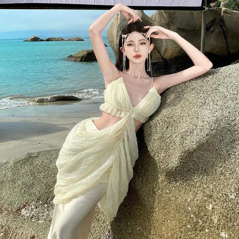 Ruched Asymmetric Beach Dress Elegant Summer Outfit 2024