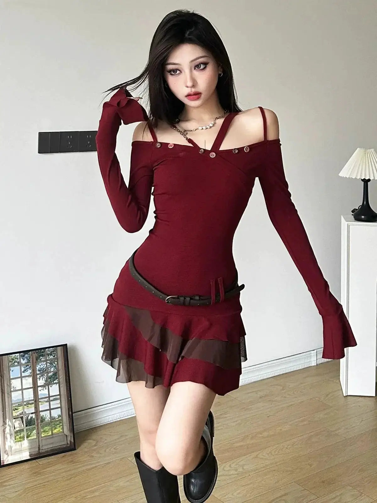 Red Halterneck Dress Winter Chic For Young Women Elegance