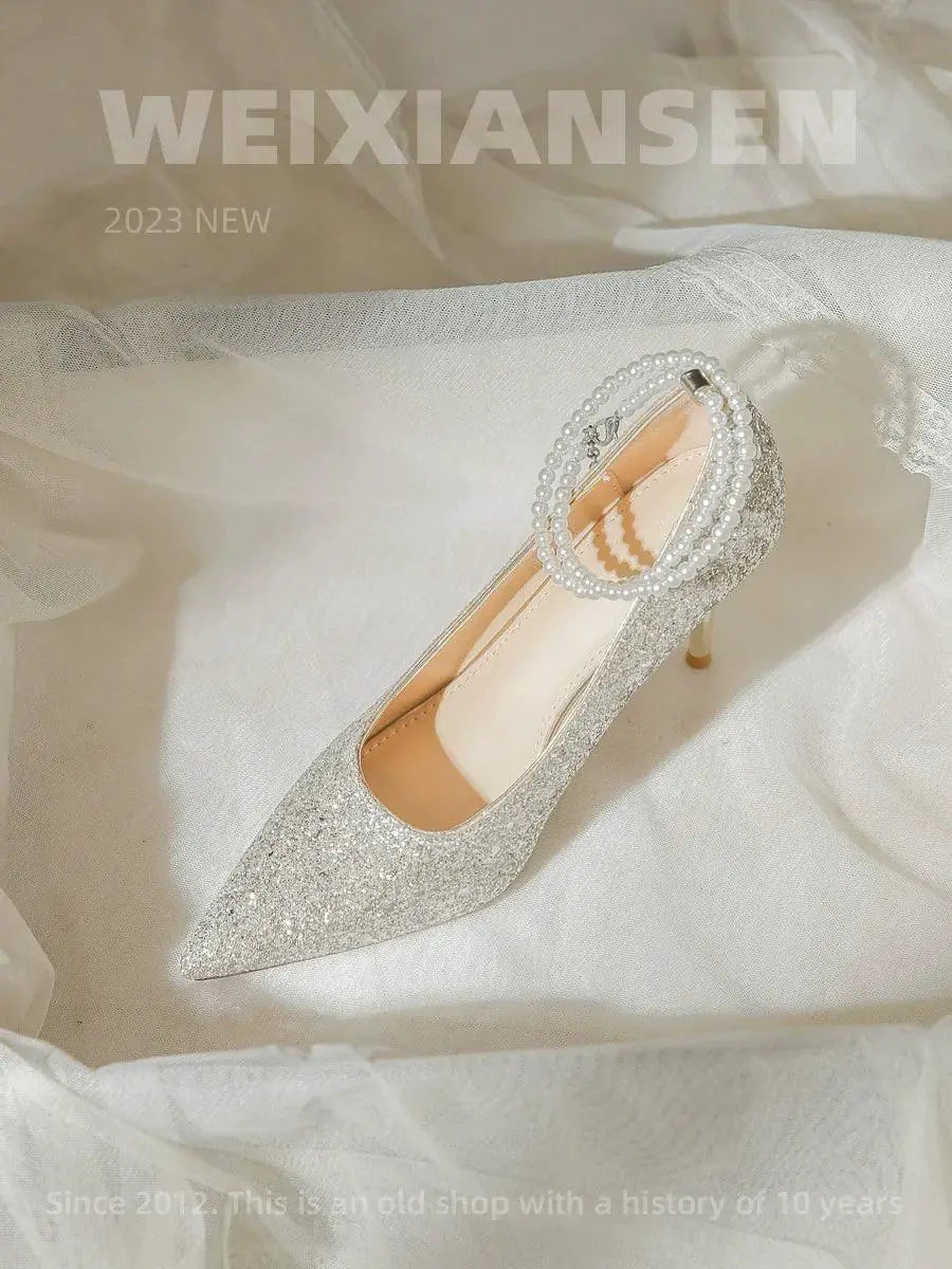 French Gold Ankle Strap High Heels For Elegant Parties