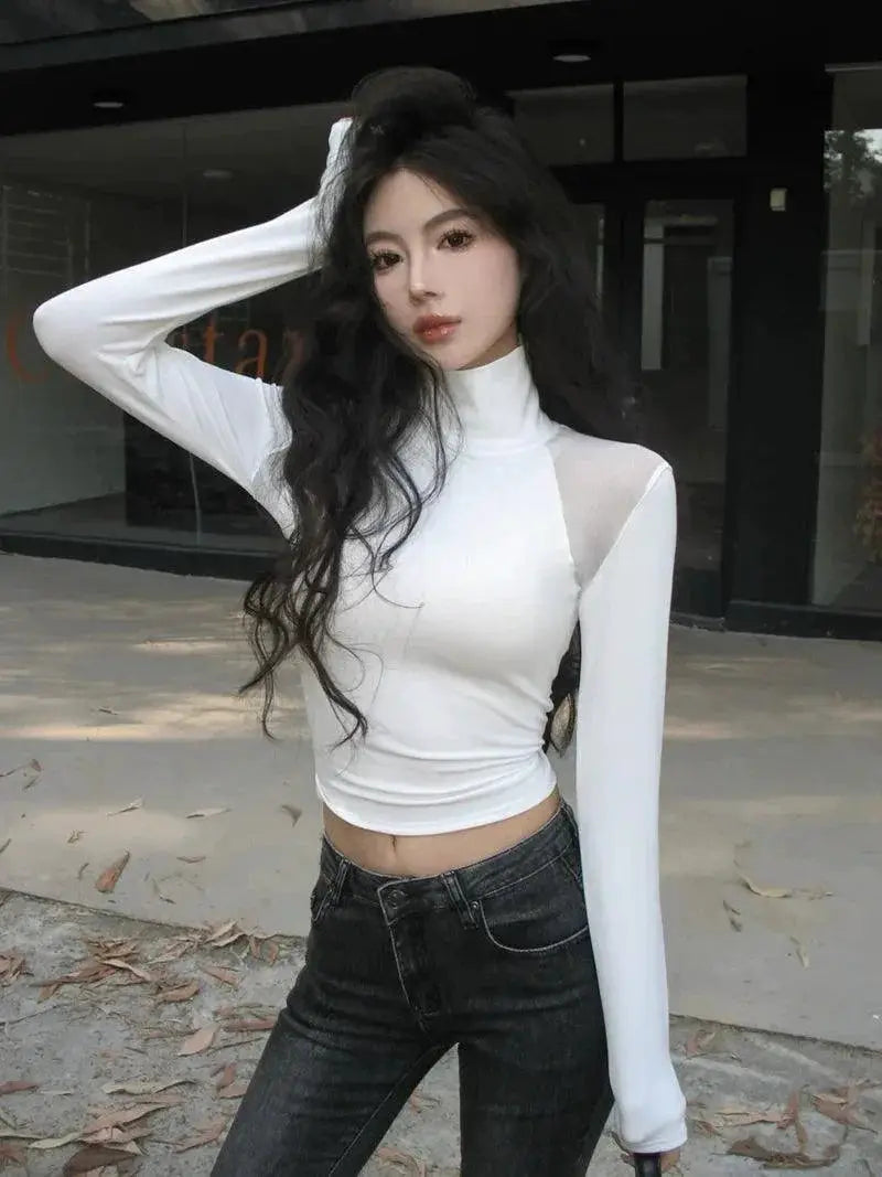 Spring Youth Mesh Turtleneck Top For Trendsetting Style