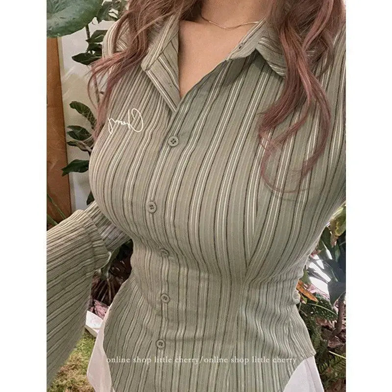 Polo Green Striped Slim Fit Shirt Korean Style Essential