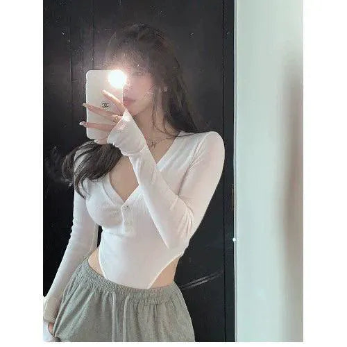 Spring V Neck Long Sleeve Tee Chic Korean Fashionista Pick