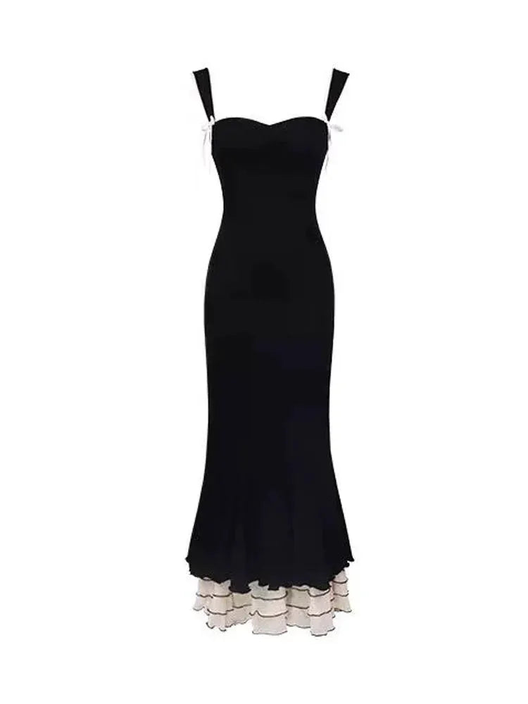 French Black Backless Dress Lotus Sling Stylish Summer Look