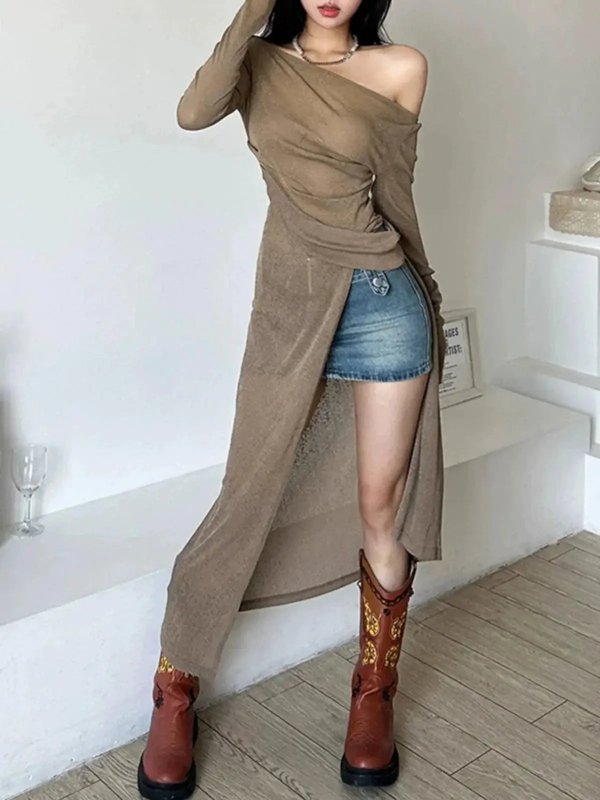 Winter Chic Slim Fit Diagonal Collar Long Dress Midi