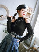 Moon Ensemble: Elegant Off-Shoulder Turtleneck Top Chic Chinese Style