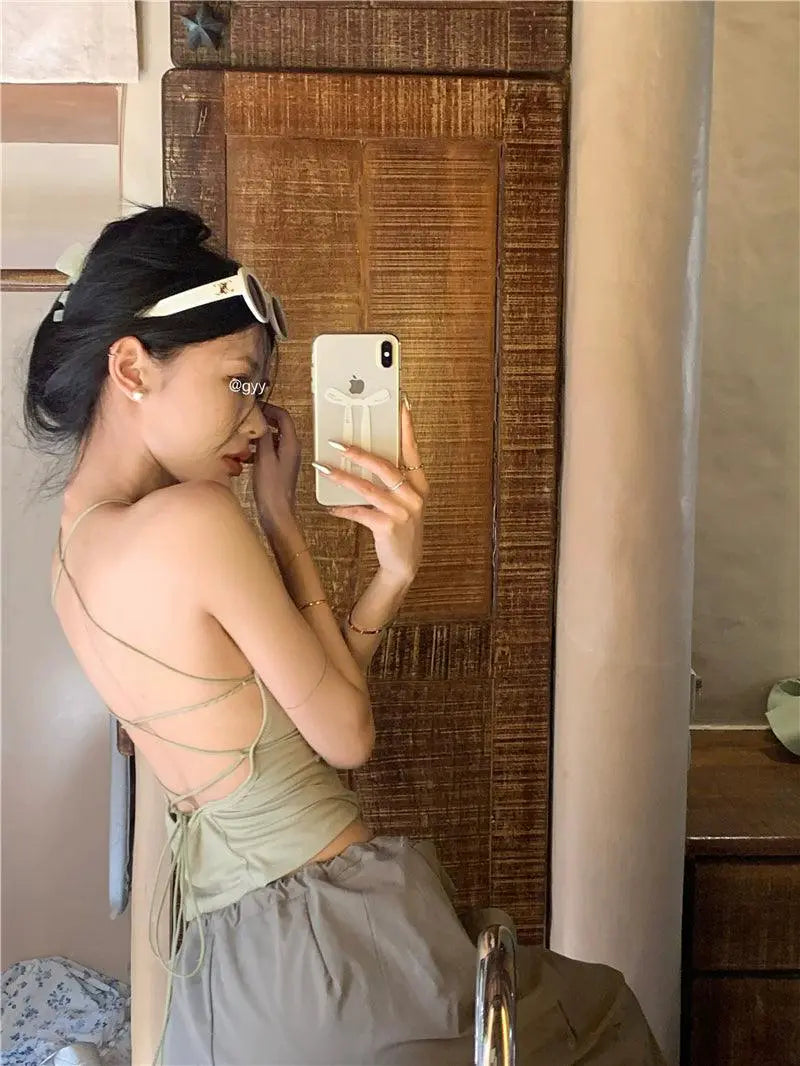 Sneaky Design Open Back Sexy Halter Top With Short Straps