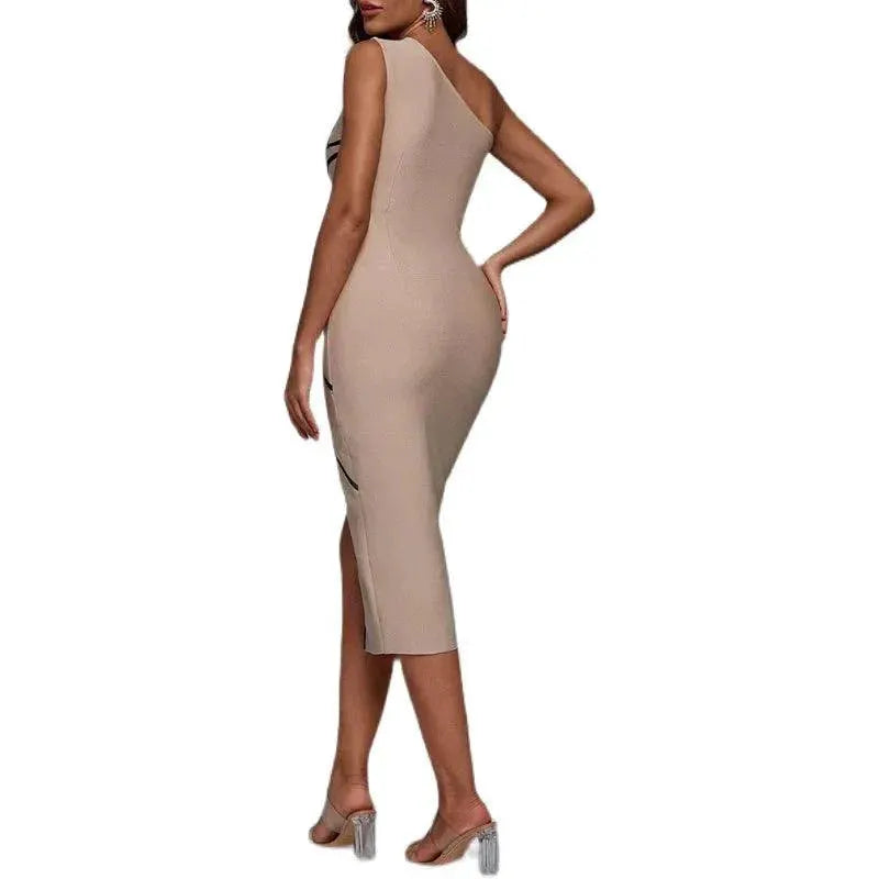 Elegant Bandage Dress One Shoulder Striped Apparel