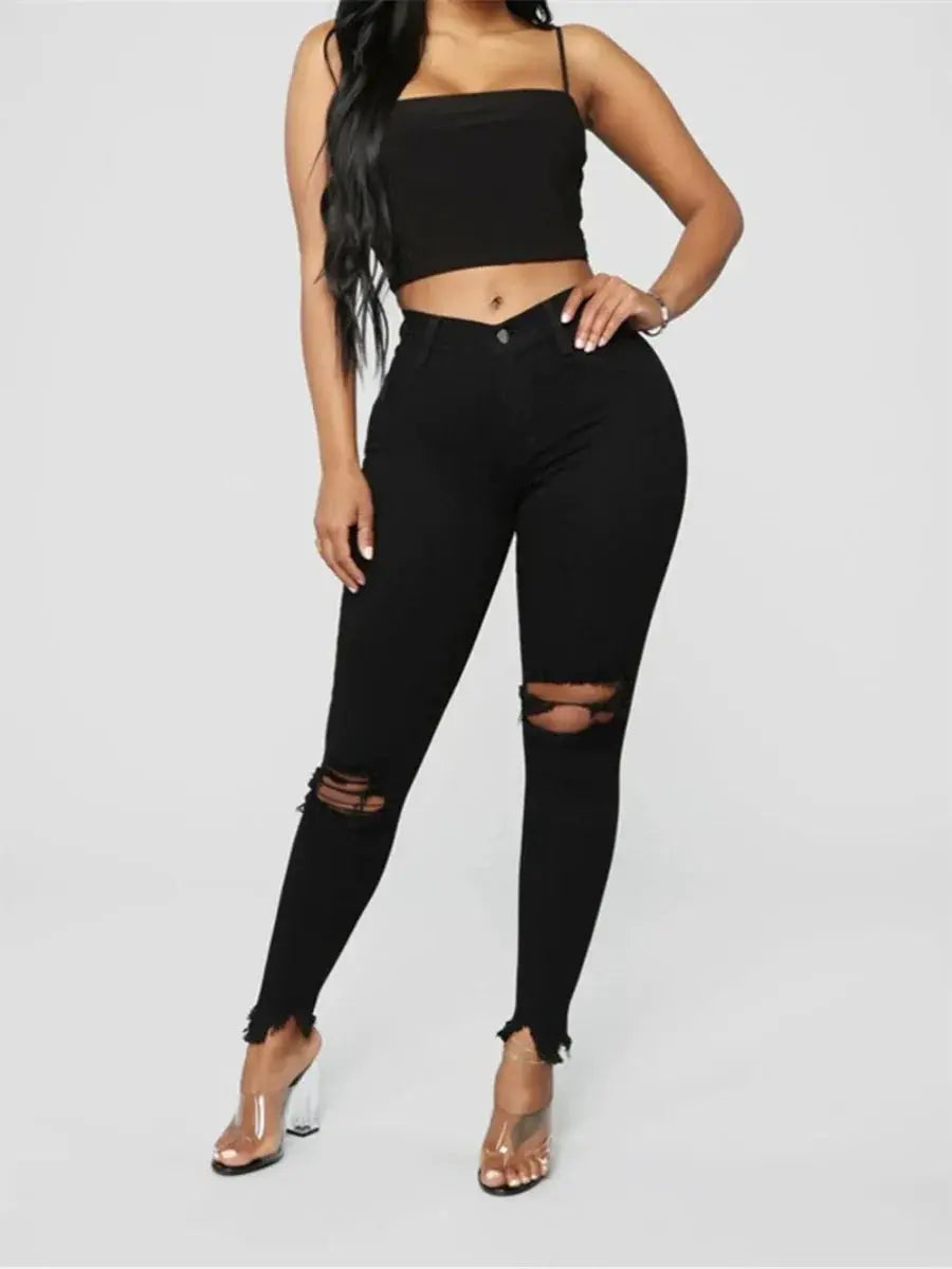Tall Waist Ripped Jeans for Women Elastic Pants Fashion