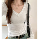 Gray V-neck Sexy Knitting Niche Style Micro Transparent Shirt