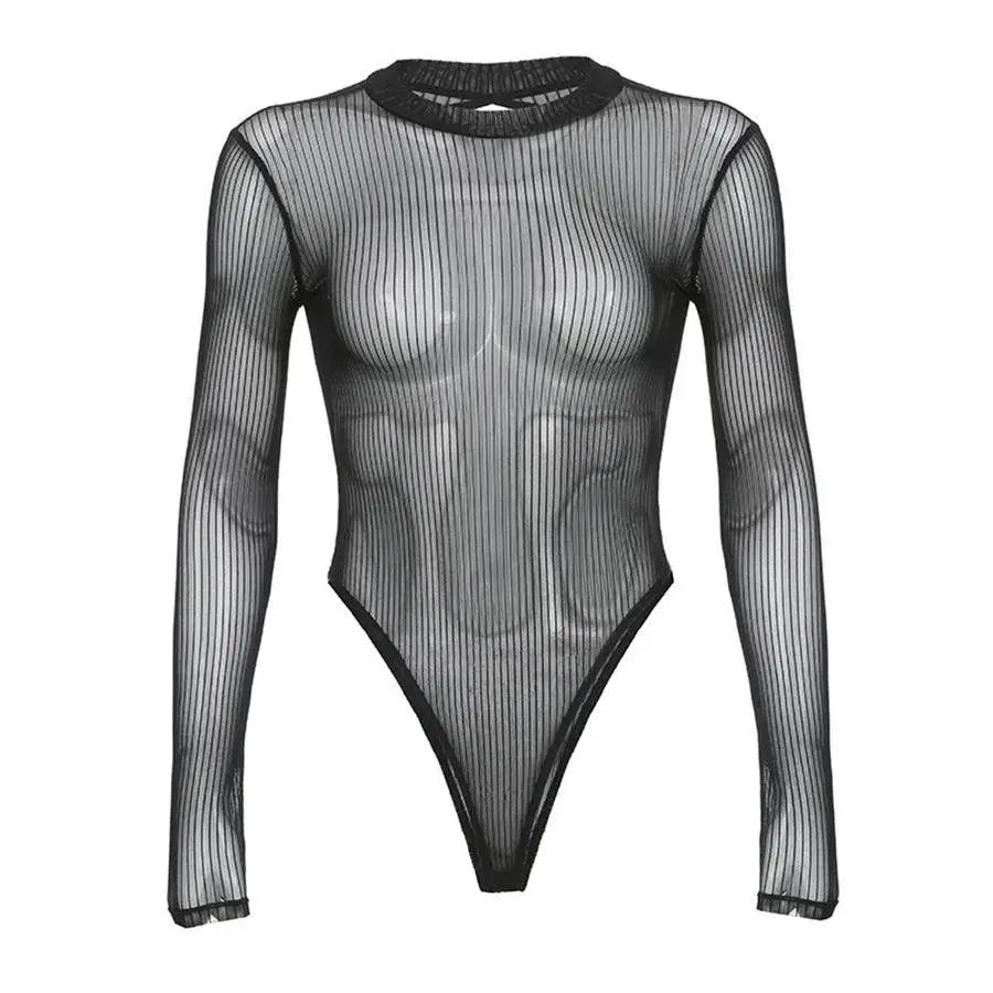 Chic Vertical Stripe Mesh T Shirt Trendsetting Autumn Style