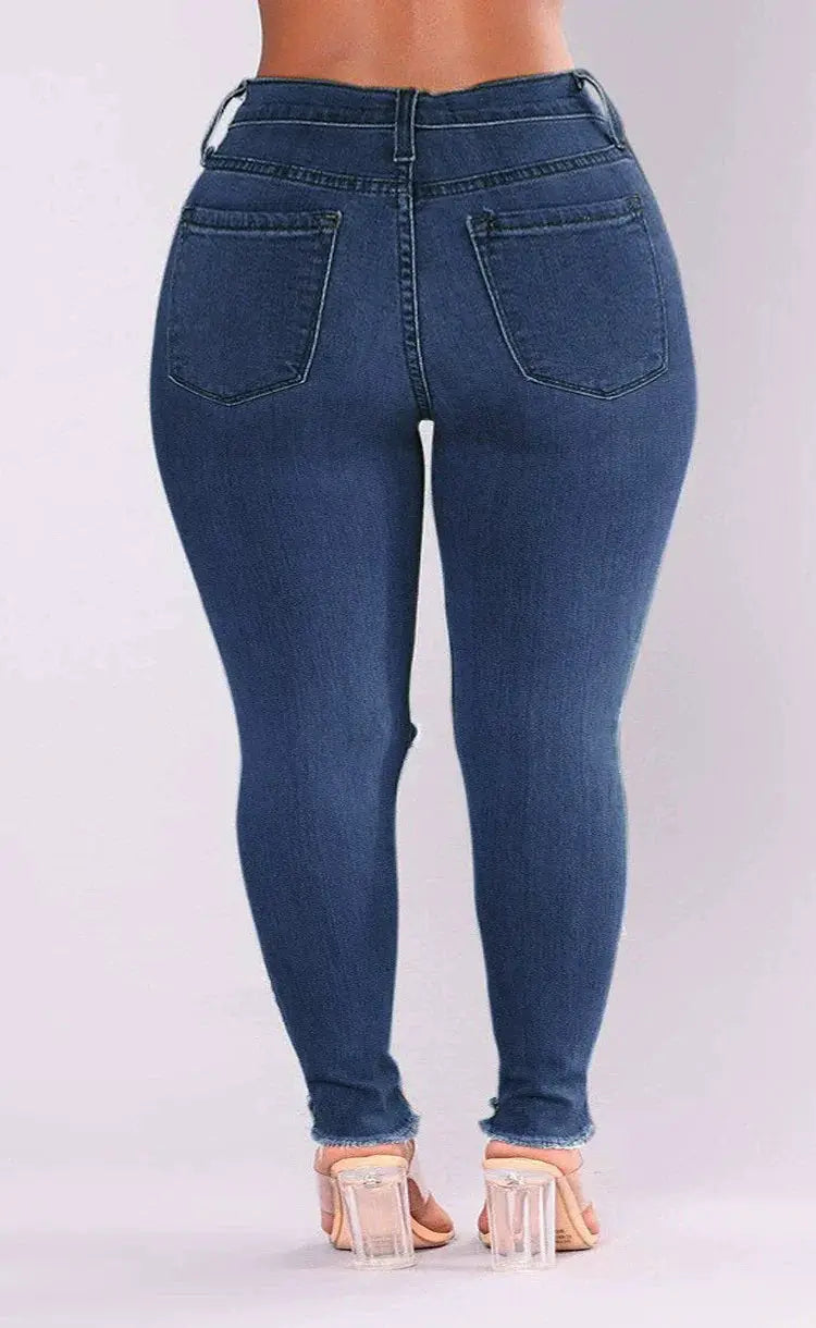 L To 5XL Plus Size Stretch Ripped Jeans High Rise Denim