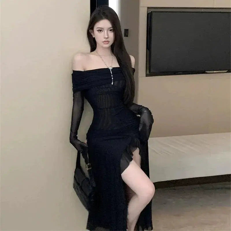 Black Mesh Off Shoulder Dress Elegant Style Premium Quality