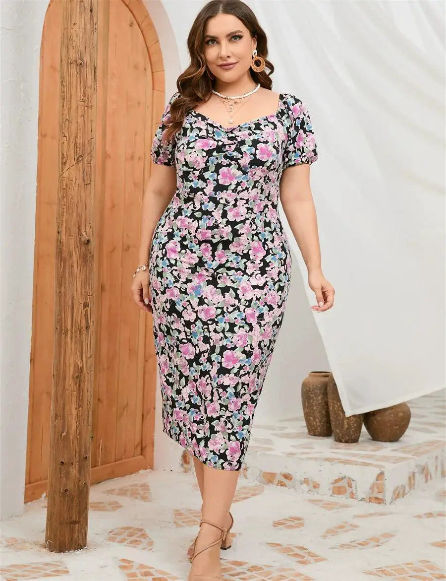Plus Size Floral Puff Sleeve Dress Summer Chic Garden Party