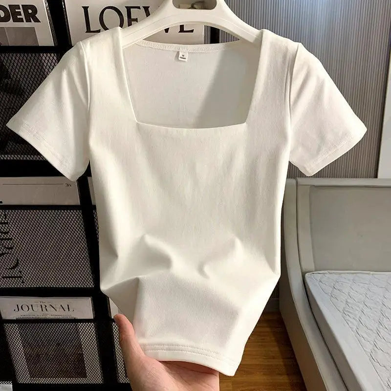 Sexy White Square Neck Short Sleeve T Shirt For Women