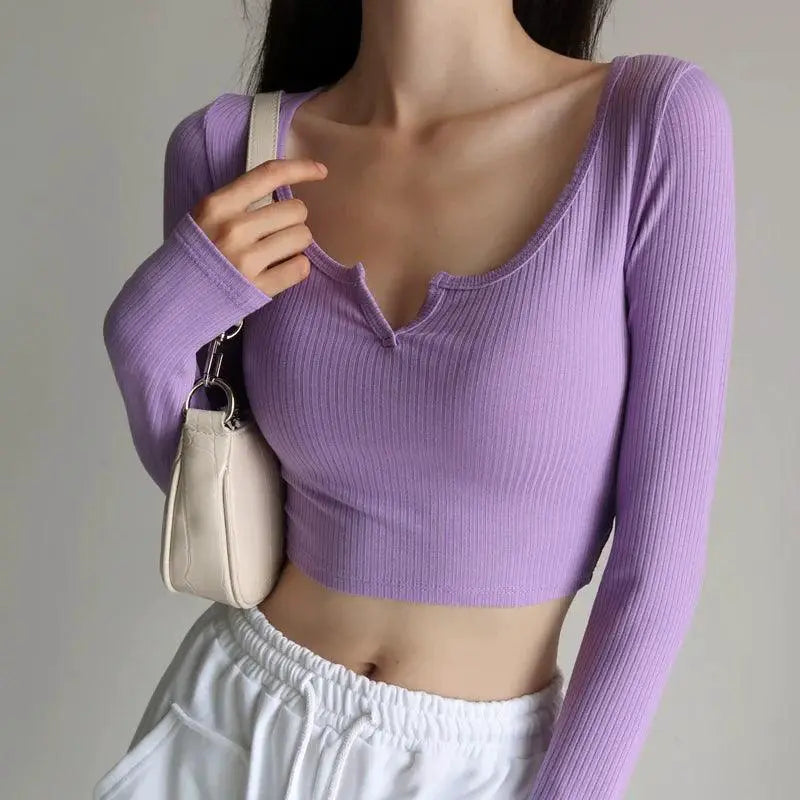 Sunken Stripe V Neck Long Sleeve Tee Chic And Comfortable