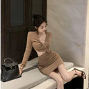 V Neck Pleating Slim Fit Dress Stylish Hollow-out Bodycon Dress