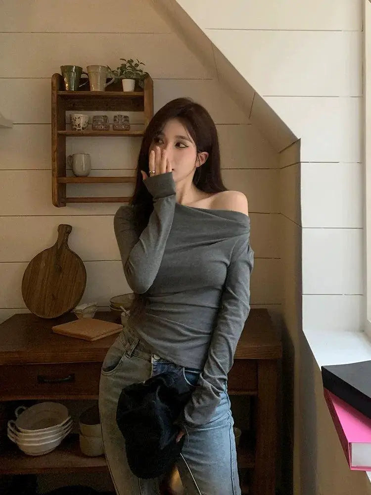 Gray Spring Fashion Crop Top Off Shoulder Shirt Chic