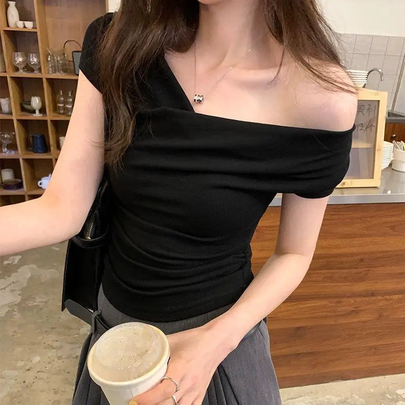 Pure Desire Swing Collar Sexy Slim Stretch Short Sleeve Tee