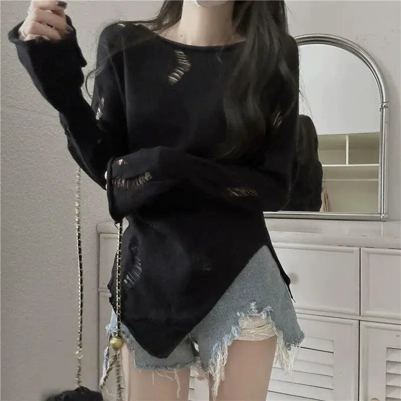 Black Ripped Hollow Knit Long Sleeve Pullover Korean Style
