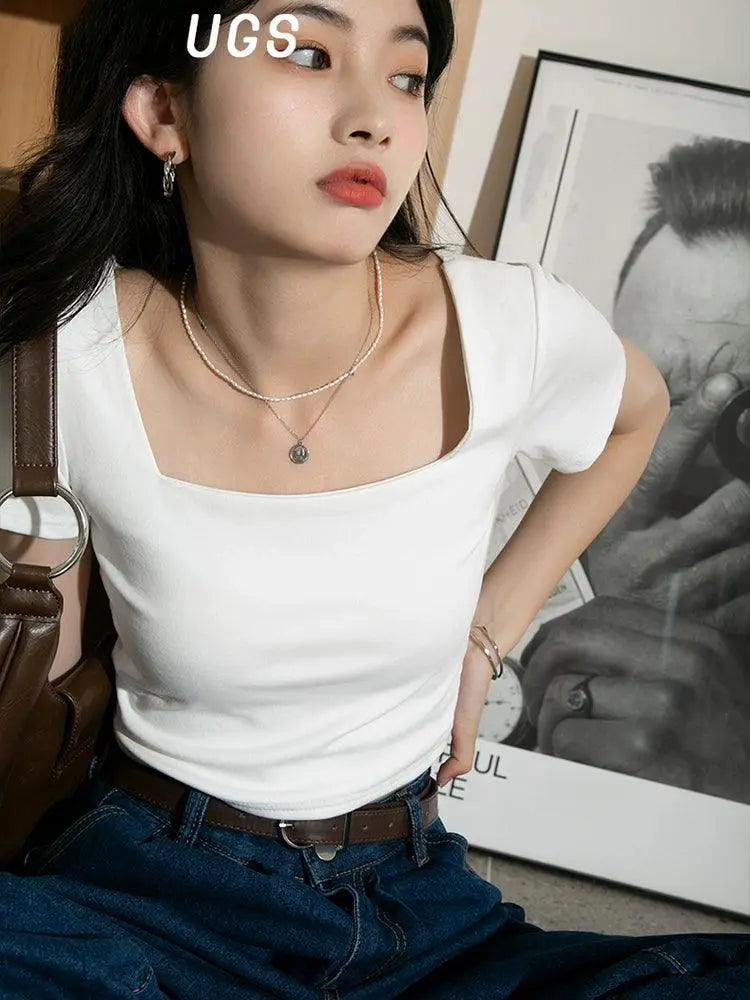 Sexy White Square Neck Short Sleeve T Shirt For Women