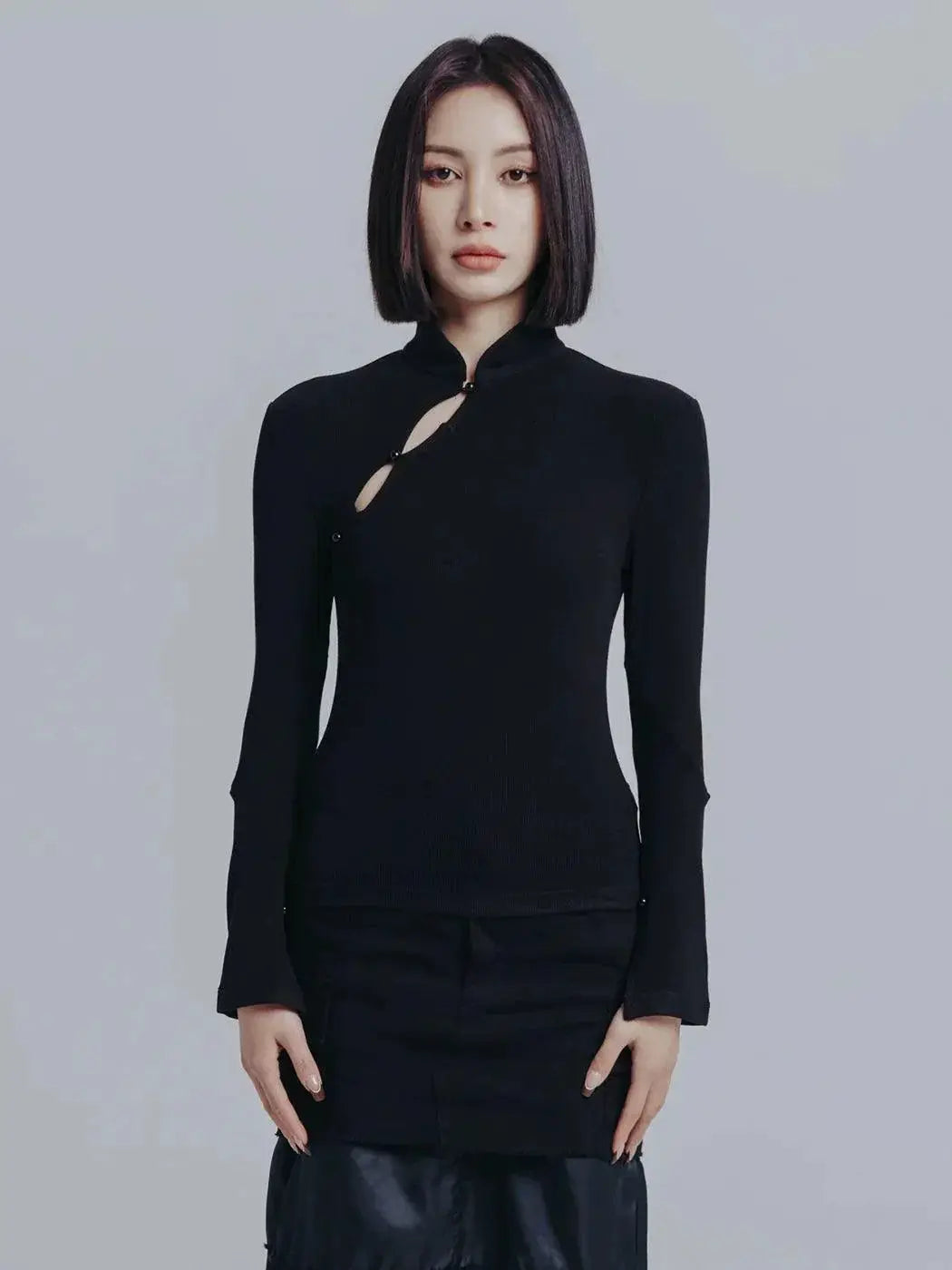 Modern Black Standing Collar Cheongsam Dress Spring Fashion