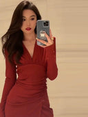 Elegant Red Sheath Dress Autumn Chic V-Neck Style Dress