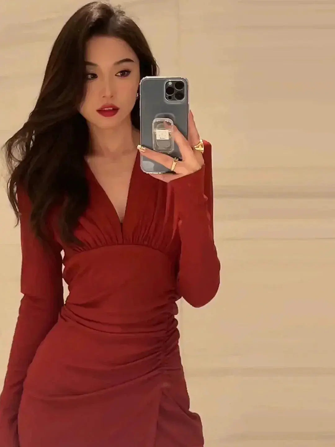Elegant Red Sheath Dress Autumn Chic V Neck Style Allure