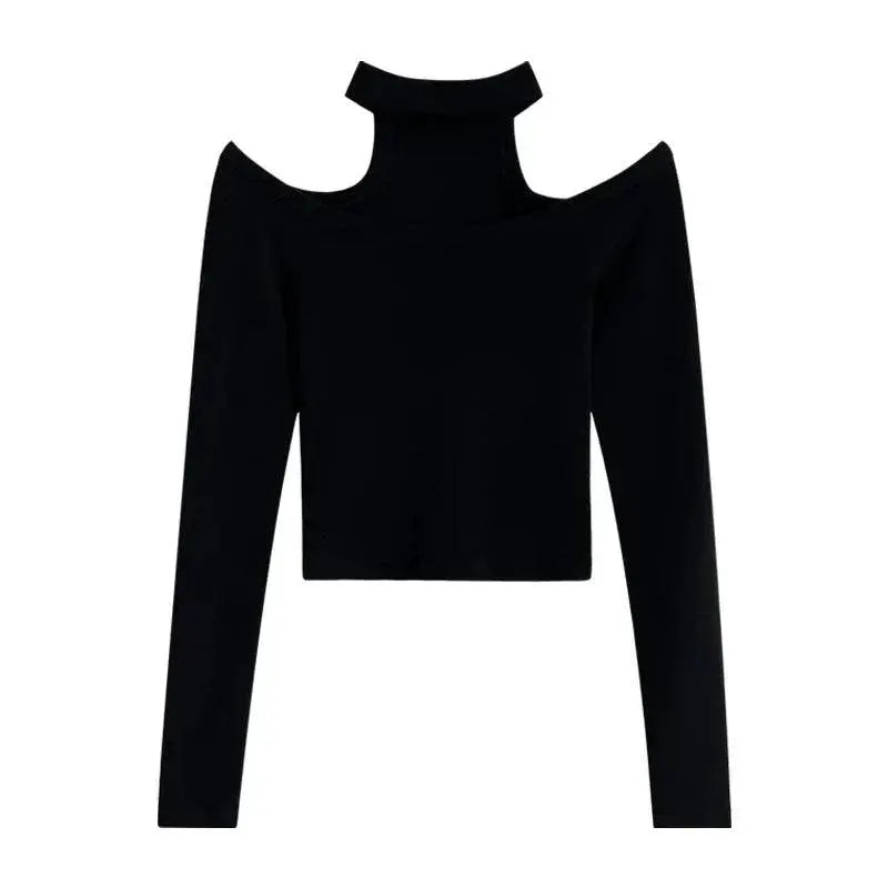 Halterneck Chic Black Hollow T Shirt For Modern Elegance